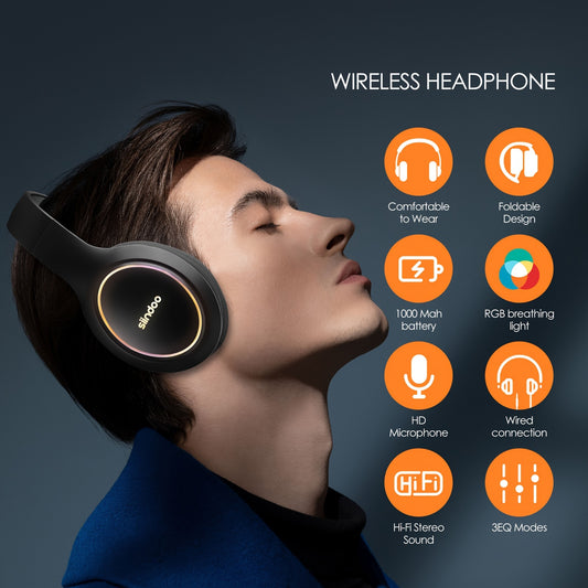 Siindoo Wireless Headphones, 120H Playtime Headphones Wireless with 3 EQ Modes, RGB Lights, Hands-Free Calls, Over Ear Headphones for Travel, Home, Office, Cellphone and PC