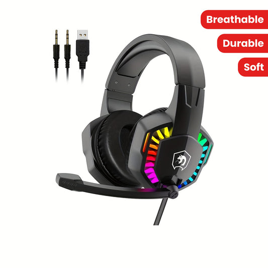 Gaming Headset with Noise-Canceling Mic and Breathable RGB Lights - Wired Over-Ear Headphones with Bass Surround for PS4, PS5, Xbox One, PC, Mac - Durable Plastic, Soft Memory Earmuffs, Button Control, Tangle-Free Cable, No Battery Required