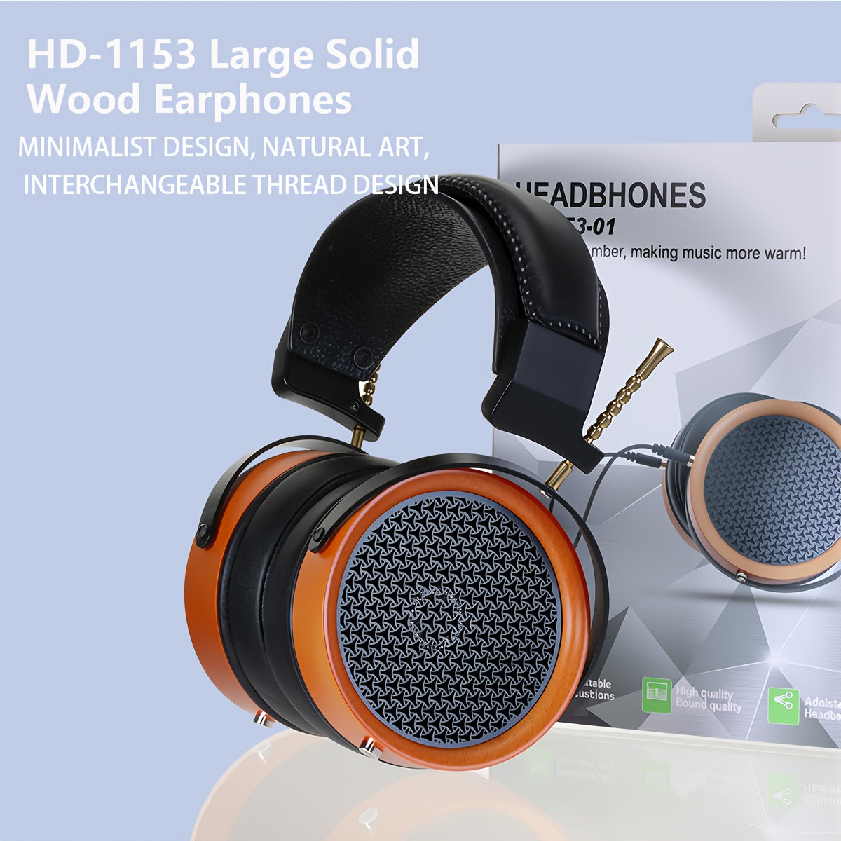 BAO SHI FENG HD 153 Solid Wood Over-Ear Headphones with Interchangeable Cables, HIFI Natural Sound, Ergonomic Comfortable Non-Clip Ear Cups, 3.5mm Jack for PC/Phone/Music/Gaming/Live Streaming, Wired Headphones, Music Listening, Minimalist Design, Durabl