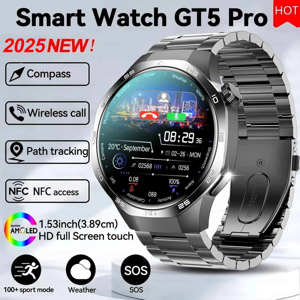 GUHUAVMI Smart Watch 5 Max - Men's and Women's Fashion Smartwatch, 3.89cm HD Full Touch Screen, Wireless Calling, Voice Assistant, Information Alerts, Music Control, NFC Access, Fitness Tracker with Compass, Sports Modes, USB Rechargeable, Compatible wit