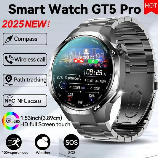 GUHUAVMI Smart Watch 5 Max - Men's and Women's Fashion Smartwatch, 3.89cm HD Full Touch Screen, Wireless Calling, Voice Assistant, Information Alerts, Music Control, NFC Access, Fitness Tracker with Compass, Sports Modes, USB Rechargeable, Compatible wit