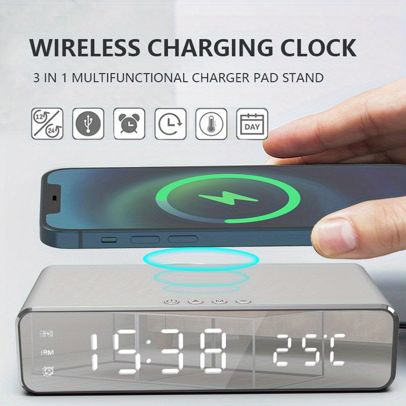 3-in-1 Wireless Charging Station with Digital Clock, Temperature Display, and Alarm - Multi-Functional Charger Pad for iPhone, Samsung Galaxy, and AirPods - Perfect for Bedroom, Living Room, and Office, Bedroom Alarm Clock | Modern Charging Station | Dur
