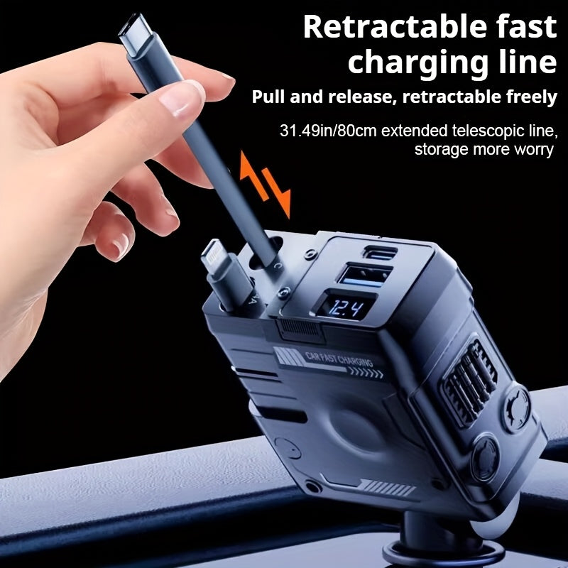 Mechanical Armored Vehicle Charger Car Charger Super Fast Charging Retractable Cord Multifunctional 120W Mech Screen Display Four-in-One Cigarette Lighter