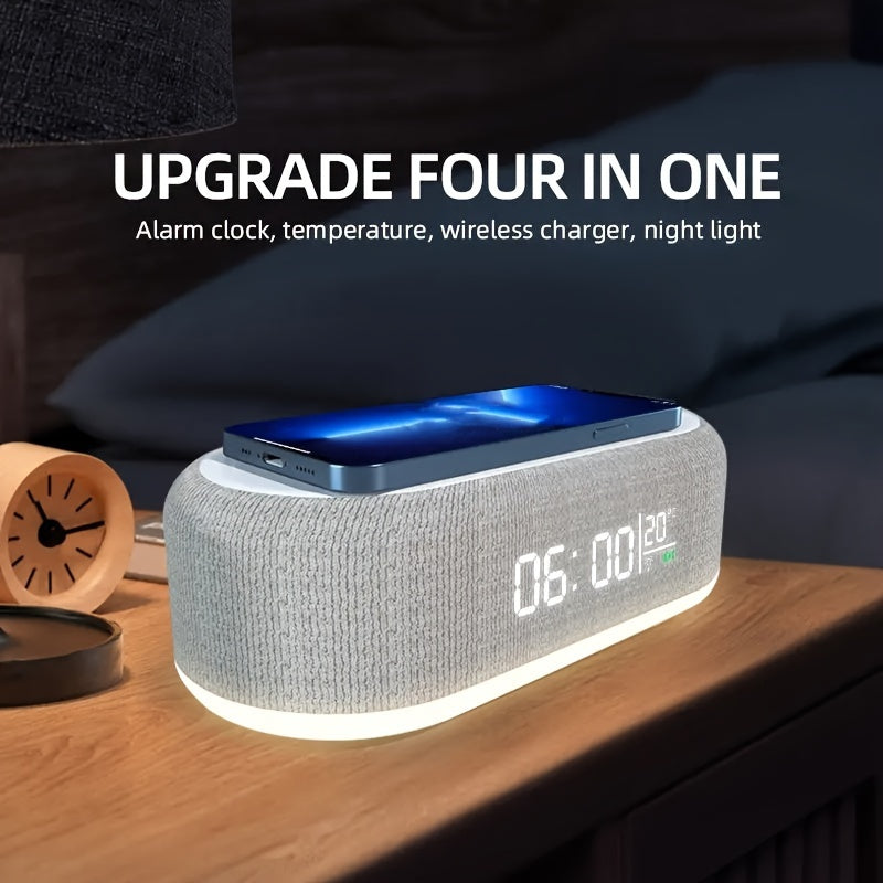 Four-in-One Night Light Alarm Clock Wireless Charger, USB Type-C Charging, Digital Clock with 3 Modes of Adjustable Lighting, Wireless Charging for Travel
