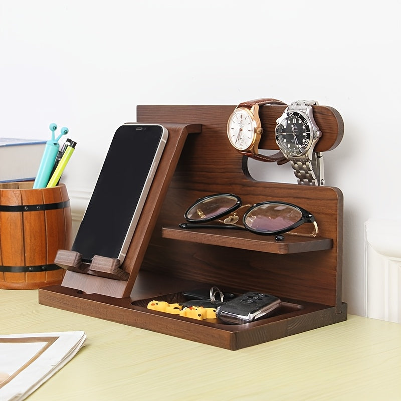 Solid Wood Phone Stand & Organizer for Men – Multifunctional Nightstand with Charging Cable Slot, Compartments for Wallets, Glasses, Watches & Keys – Perfect Gift for Dad, Husband, Boyfriend – Easy Assembly, Farmhouse Decor, Accessory Holder | Spring The
