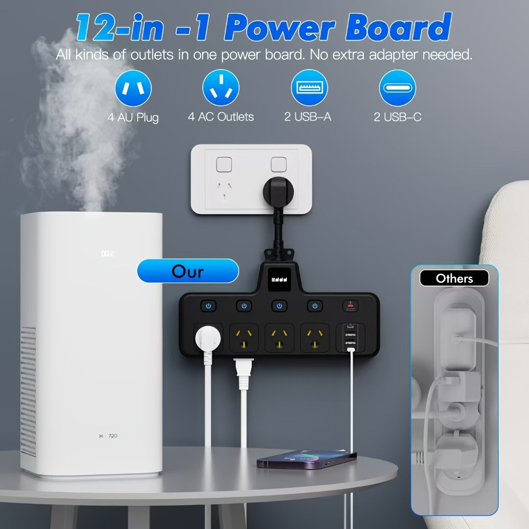 13-in-1 Power Board - Australian Standard Surge Protector with 4AU Plug, 4AC Outlets, 2 USB-A & 2 USB-C Ports, LED Light, 4000J Protection, Flexible Cord for Home & Office Use, Bedroom & Kitchen Power Strip, Versatile Power Solution, Modern Power Strip,