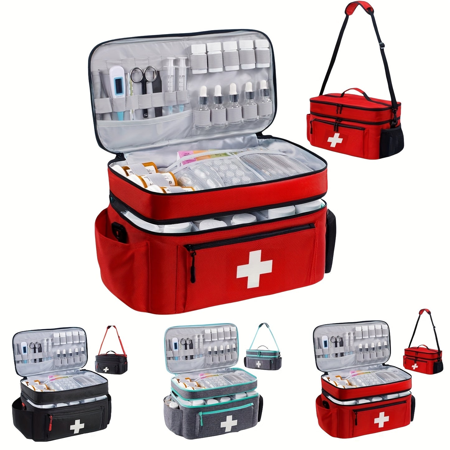 Large Capacity Medicine Storage Bag, Compact and Portable First Aid Kit, Nylon Materials, with Detachable Dividers and Multiple Compartments, Multiple Carrying Options, Suitable for Home and Outdoor Emergency Needs