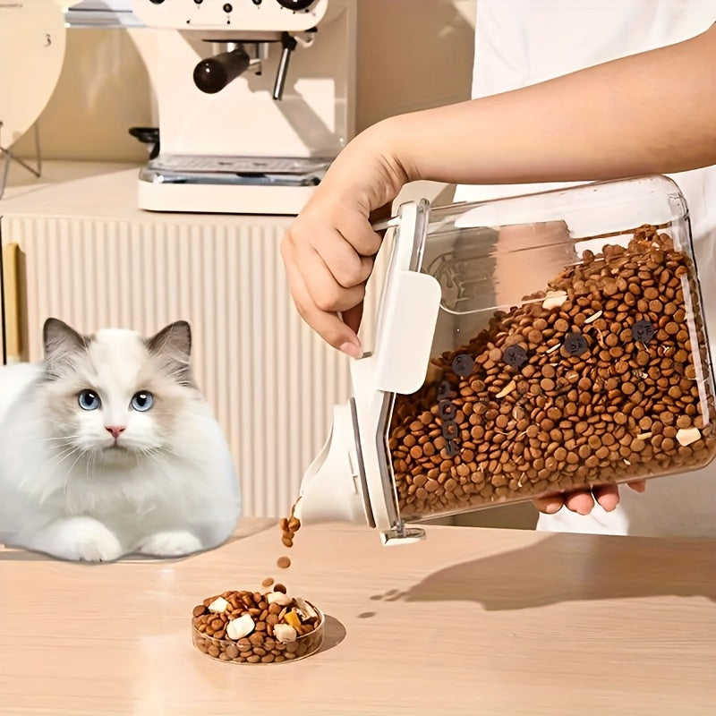 A 67.63/101.44 Oz Sealed Pet Food Storage Container - Moisture Resistant, Transparent, Comes with Measuring Cup And Handle - Perfect for Dry Food Organization in Dogs And Cats, Easy to Feed The Container, Durable PP Material, Pet Food Storage Bo