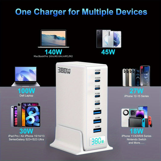 USB C Charger Block Charging Station: 380W 8 Port GaN Fast Charging Brick Hub - PD 3.0 Type C & USB A Charging Cube Box - Wall Charger Power Adapter for iPhone 16 Pro Max for ipad Android Pixel -White