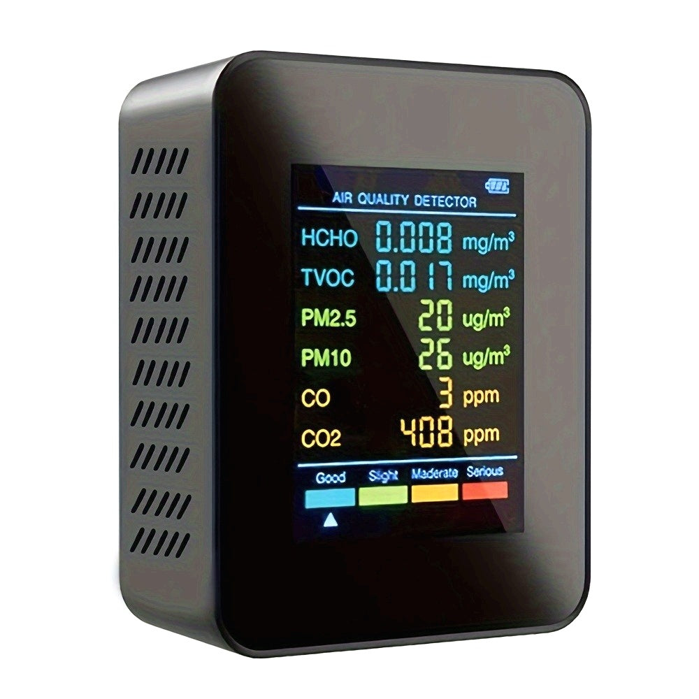 1pc 6-in-1 Premium Air Quality Monitor - Accurate CO2, CO, PM2.5, PM10, HCHO, TVOC Detector with Large LCD Display, Real-Time Gas Analyzer, USB Rechargeable, Compact Design for Home and Office Use, Indoor Air Quality Monitor