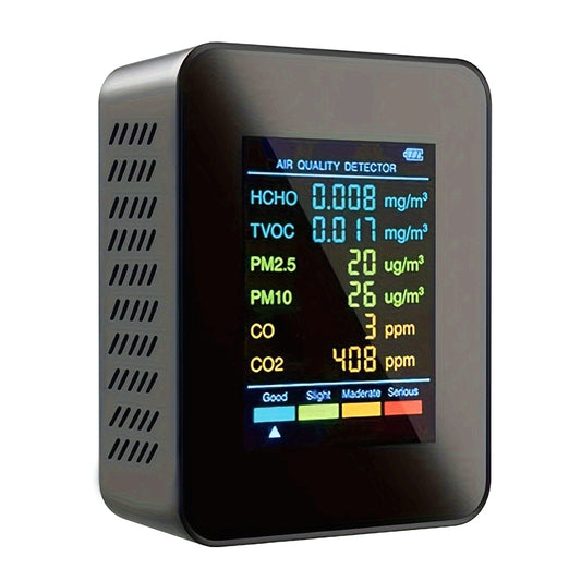 1pc 6-in-1 Premium Air Quality Monitor - Accurate CO2, CO, PM2.5, PM10, HCHO, TVOC Detector with Large LCD Display, Real-Time Gas Analyzer, USB Rechargeable, Compact Design for Home and Office Use, Indoor Air Quality Monitor
