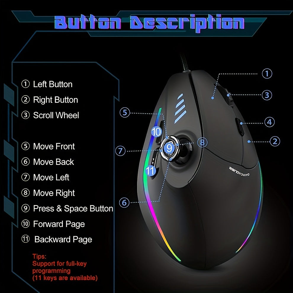 JOMAA C18 Wired Gaming Mouse with Vertical Rocker, Customizable Macro Programming, RGB Lighting, Optical Movement Detection, USB Connection, Ambidextrous Design - Ideal for PC and Laptop Use, Computer Mouse for Desktop