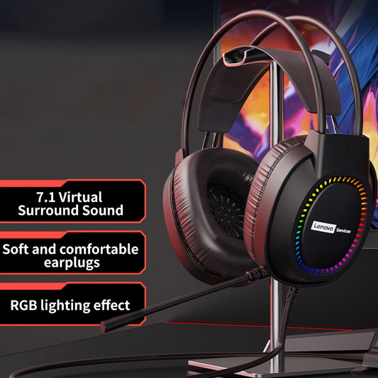 Lenovo Headset with Microphone, Gaming Headphones, RGB Lighting, Cool Colorful Lights, Suitable for Desktop and Laptop Computers, Comfortable Noise Cancelling