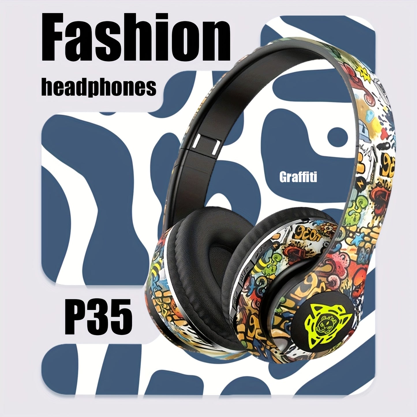 Wireless Earphones Built-in Microphone On-Ear Headphones Graffiti Style with Variable RGB Lights Soft Earmuffs Big Battery Stereo Music Sports Headphones