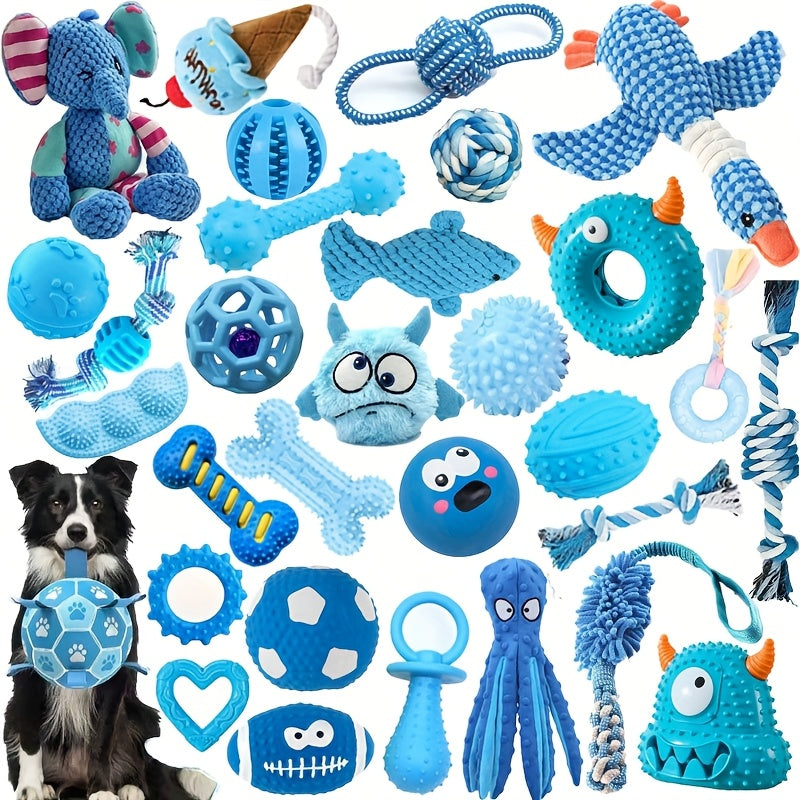 16pcs Blue Series Dog Chew Toy Set, Rubber Plush Knot Teeth Cleaning Toys for Small Dogs - Assorted Variety