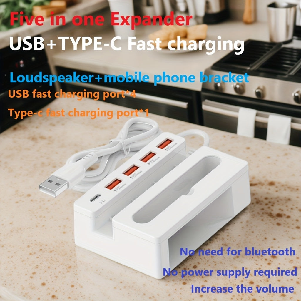 USB Expander, 5-in-1 Multifunctional Charger with Built-in Phone Holder and Amplifier, Compact and Portable Design, Perfect for Home Office and Outdoor Activities, Tech Fashion Product