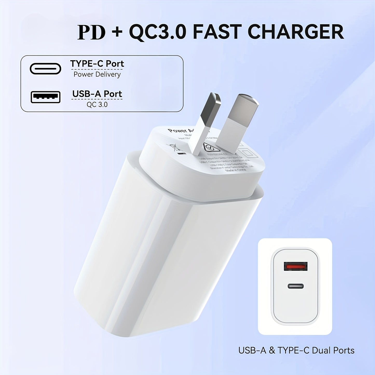 30W USB C Fast Charger, 2-Port PD USB-C Wall Plug with Fast Charging QC3.0, USB-C Power Adapter C Wall Charger AU-Plug Compatible with for iphone 15/14/13/12/11, for iPad, for Galaxy, Pixel, for AirPods- White