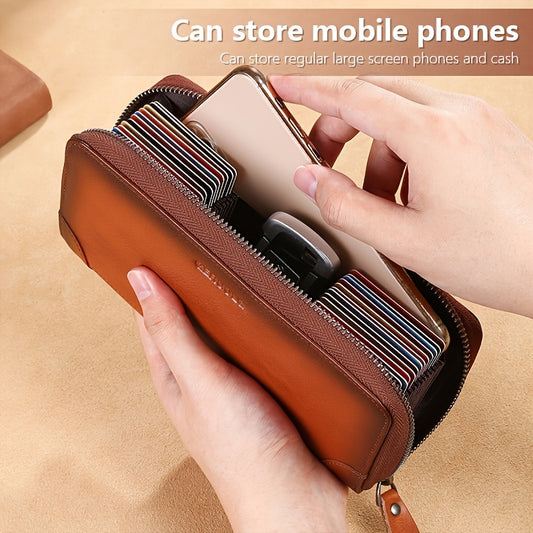 1 Women's Genuine Genuine Leather Long Wallet Large Capacity, Multi-Card Slots Top Layer Cowhide Genuine Genuine Leather Phone Purse Clutch Multifunctional Bag with 24 Card Slots and 2 Bill Compartments Including Car Key Slot Suitable for Couples' Gift G