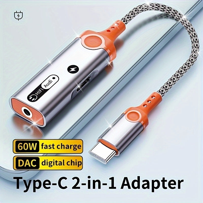 Type-c to 3.5mm Headphone + Charging Two-in-One Converter with DAC Chip PD 60W Fast Charging, Soundless Quality