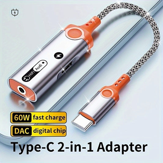 Type-c to 3.5mm Headphone + Charging Two-in-One Converter with DAC Chip PD 60W Fast Charging, Soundless Quality