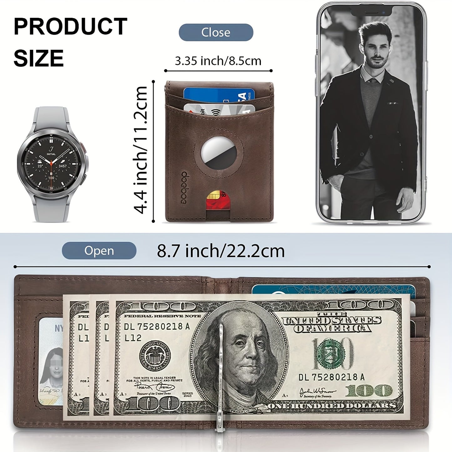 1pc Men's Cowhide Credit Card Holder With AirTag Holder, Genuine Leather Bifold Wallet With Money Clip, Simple RFID Blocking Card Holder Father's Day Gift